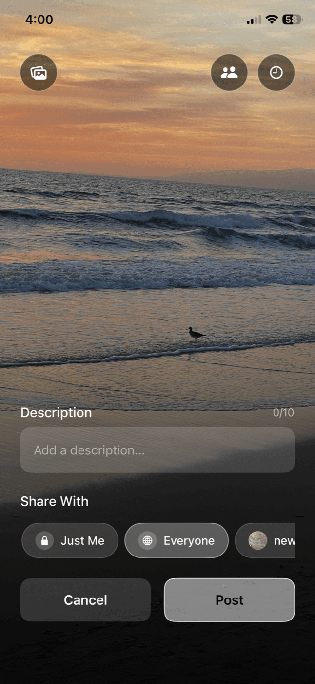 digi-cam create post screen with audience controls