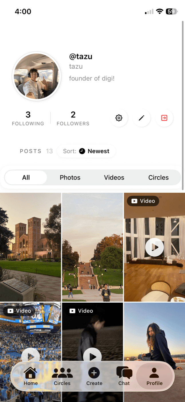 digi-cam profile page with posts grid